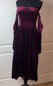 NWT ON THE ROAD MAROON VELVET SMOCKED OFF THE SHOULDER DRESS