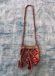 Tan Brown Orange Woven Cinch Top Tassel Drawcord Crossbody Bag