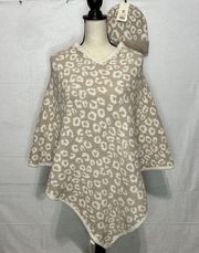 Comfy Luxe Beige Cream Leopard Print Poncho Beanie Hat Set One-Size NWT NEW
