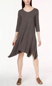 Eileen Fisher Medium Jersey Handkerchief Shark Bite Hem Black 3/4 Sleeve Dress