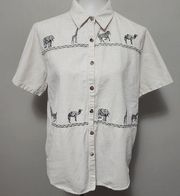 Vintage Cabin Creek Ecru Embroidered Safari Linen Blend Camp Shirt Size Large