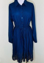 NWT  Shirt Dress w Pockets 16 Navy Midi Button Front Eyelet Floral