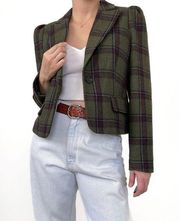 ModCloth Wool Blend Plaid Cropped Blazer Jacket Sz M Puff Sleeves Army Green