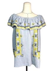 Easel Blouse Off The Shoulder Womens Size Medium Top Blue Tunic Embroidered