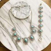 Lucky Brand Faux Turquoise Boho Style Jewelry Set Silver Tone Necklace Bracelet