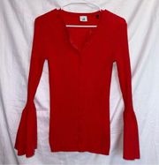 Cabi Poppy Red Trumpet Bell Sleeve Ribbed Button Snap Sweater size medium