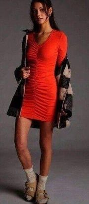 Sundry long sleeve orange ruched v neck bodycon mini dress size 1 or small