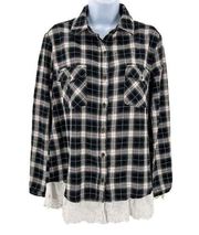 Jodifl Plaid Long Sleeve Button Down Shirt Top Eyelet Lace Trim Hem Small