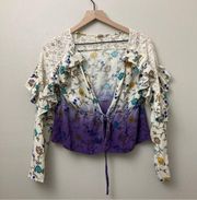 Gimmicks Pleated Rufflle Floral Kimono Purple White Tie Front Small