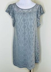 Ella Moss Dress SMALL Crochet Gray Knit Flutter Sleeve Shift Sheath Above Knee