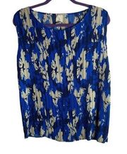 Joie Plus Size 1X Tank Top Floral Print Pleated Blue And Cream Boat Neck Texture