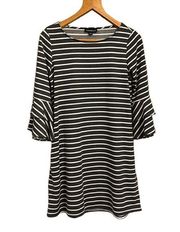 Fortune + Ivy Charcoal Gray w/White Stripes Dress—Bell Cuff Sleeves—Size Small