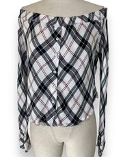 Wet Seal plaid off shoulder top, women's small button front long sleeve blouse