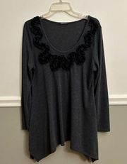 La Fiancé Charcoal Grey Asymmetrical Floral Rosette Appliqué Top Extra Large