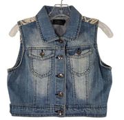 Ci Sono Y2K Lace Accent Denim Vest Womens Medium Cropped Pockets Lace Back