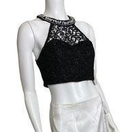 New  Black Lace Rhinestone Embellished Formal Crop Halter Top