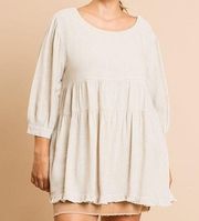 UMGEE Linen Blend 3-4 Puff Sleeve Round Neck Babydoll Tunic All Natural Size XL