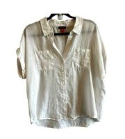 Vince Camuto Women's Medium White Linen Collared Short Sleeve Button Down Blouse