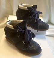 Isabel Marant navy blue suede secret wedge sneakers with decrative tongue 38