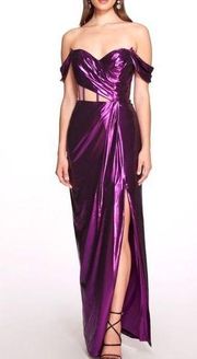 NWT Marchesa Off Shoulder Amethyst Lamé Gown With Draped Bodice Women’s Size 14