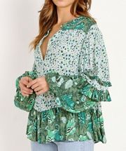 Spell & The Gypsy Winona Green Floral Ruffle Metallic Boho Blouse Ivy Small