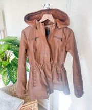 Cavalini Tan Vegan Leather Jacket Medium Hooded Sherpa Hood