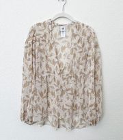 [CAbi] Tan White Leaf Print Sheer Couplet Blouse V-Neck Top Size Small S #4156