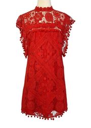 Tularosa Red Lace Crochet Pom Pom Detail Shift Cocktail Dress Size S NEW w Tags