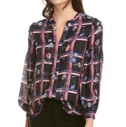 Parker Painterly Windowpane Plaid Floral Blouson Sleeve Top