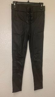 faux leather black pants size S lace up front, high rise