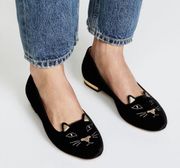 Charlotte Olympia Kitty Black Velvet Embroidered Ballet Flats Sz:37