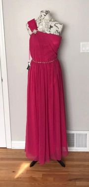 New  One Shoulder Asymmetric Formal Evening Prom Gown Chiffon Overlay Embellished Bright Fuchsia Hot Pink Colorful Chiffon Coastal Coquette 