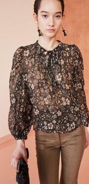 Ulla Johnson Carmine Floral Silk Blouse Top Black Cream Long Sleeve 4 Small