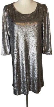 BB Dakota Sequin Shift Dress Silver 3/4 Sleeve Metallic Party NEW size Small