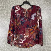 Melrose & Market Burgundy Floral Boho Long Sleeve Blouse - Size Small - V Cutout