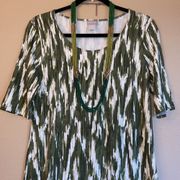 CHICOS Size 0/S/4 Olive Green Ivory Batik Short Sleeve Slinky Knit Midi Dress