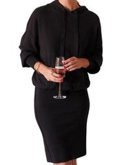 Evereve Hayley Hooded Mini Sweater Dress Knit Blouson Bodice Black Womens Large