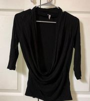 Black 3/4 Sleeved Open Drape Neck Top Studio Y