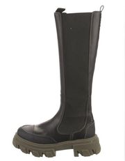 NWT  Knee High Black Leather Chelsea Boot Green Chunky Cleated