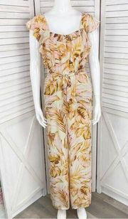 June & Hudson Tropical Flutter Sleeve Wide Leg Jumpsuit Cream Pink Yellow Medium