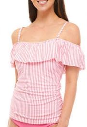 Crown & Ivy Seersucker Stripe Off the Shoulder Tankini Swim TOP ONLY