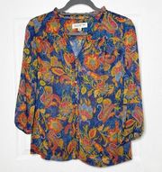 JONES NEW YORK Size Small Petite Blouse Blue Orange Paisley Print