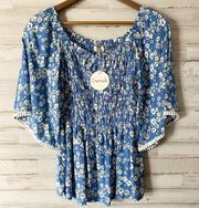 NWT Nordstrom Chenault Blue Floral Ruched Top Small