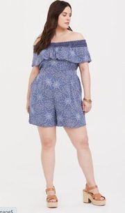 Torrid Blue Medallion Off Shoulder Challis Romper Boho Pockets Smocked Size 2X