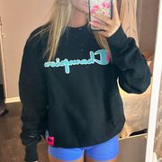 Champion  Black Pink And Blue Lettered Crewneck Hoodie