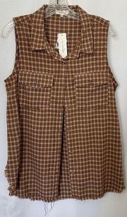No Comment Sleeveless Plaid Flannel Button Up Size Large NWT