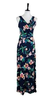 Maxi Dress Sleeveless Tie Waist Blue Tropical Floral Women’s L