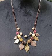 Christopher & Banks Vintage Metal Leaves and Marbled Beads Statement Necklace