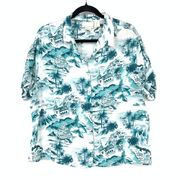 Cynthia Rowley Shirt Women's Size Large Linen Hawaiian Button Down White Teal