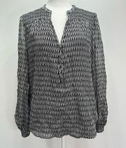 Diane vonFurstenberg 100% Silk Chloe Blouse Black & Gray Textured Semi Sheer 8